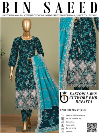 BINSAEED 3 PIECE KASTORI LAWN CUTWORK DUPATTA