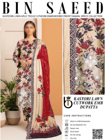 BINSAEED 3 PIECE KASTORI LAWN CUTWORK DUPATTA